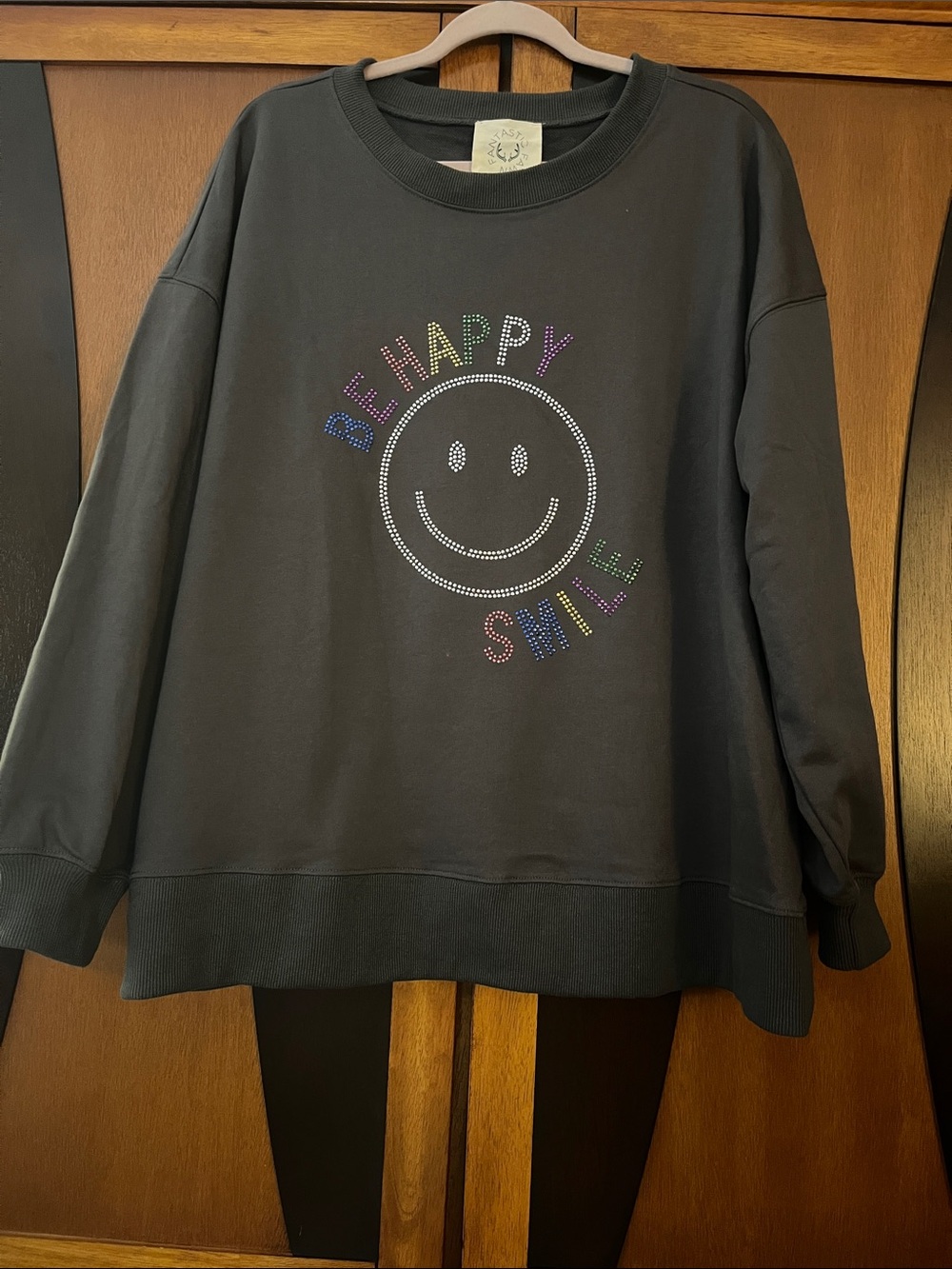 Fantastic Fawn Charcoal Sweatshirt w/Be Happy-Smile & Smiley Face in Shiny Studs